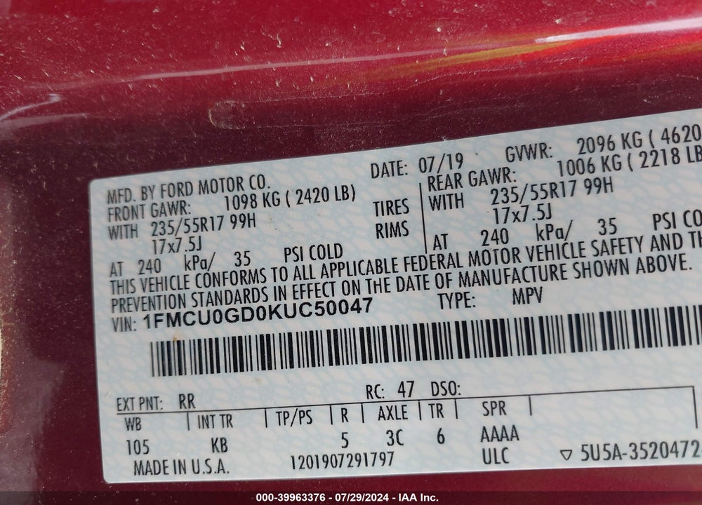 2019 FORD ESCAPE SE VIN: 1FMCU0GD0KUC50047