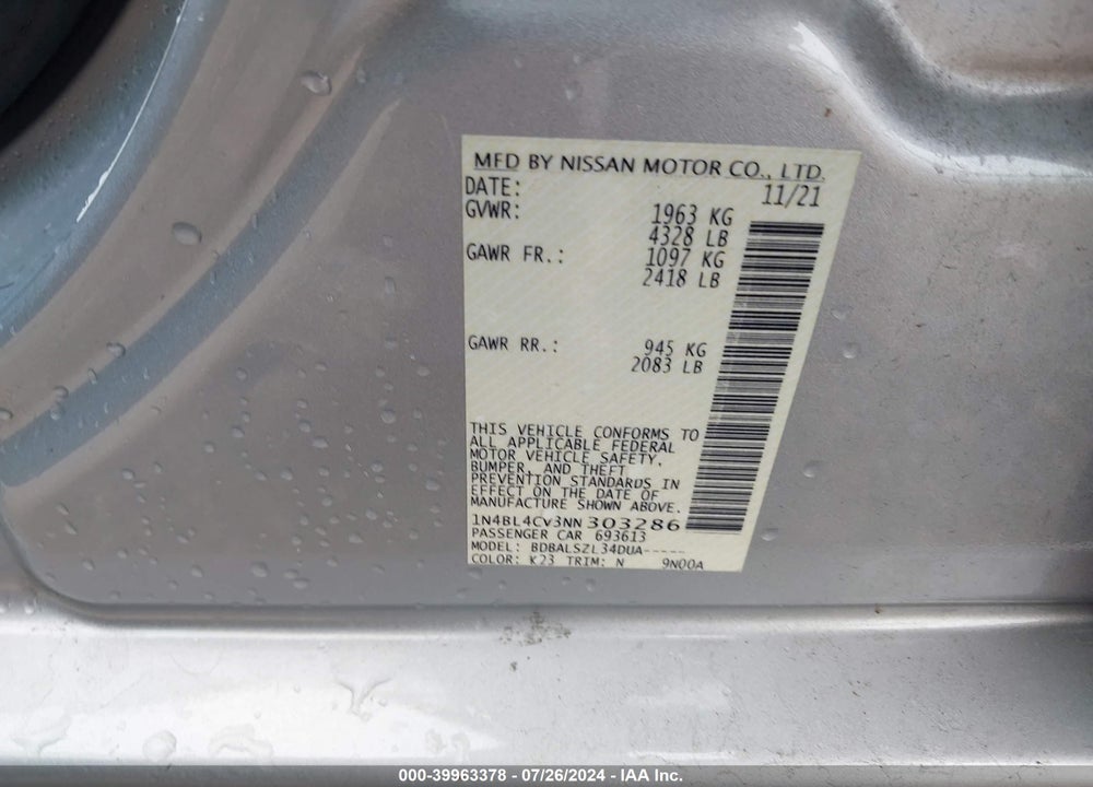 2022 NISSAN ALTIMA SR FWD VIN: 1N4BL4CV3NN303286