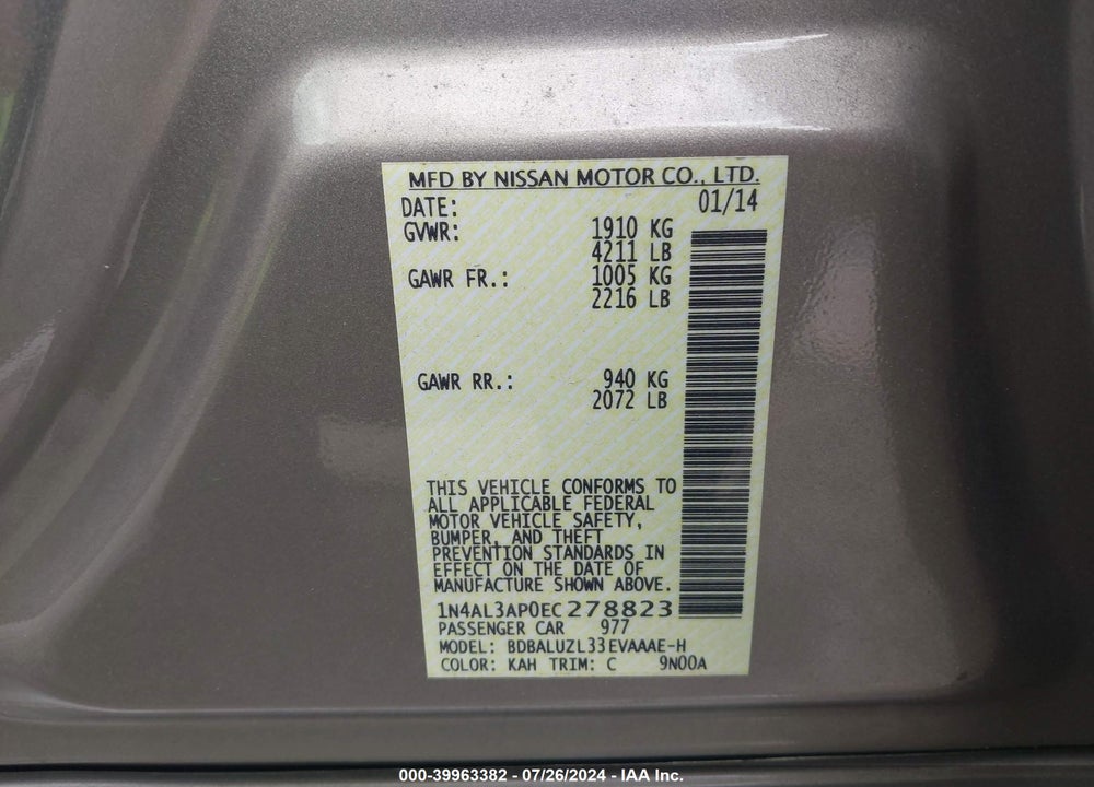 2014 NISSAN ALTIMA 2.5 SV VIN: 1N4AL3AP0EC278823
