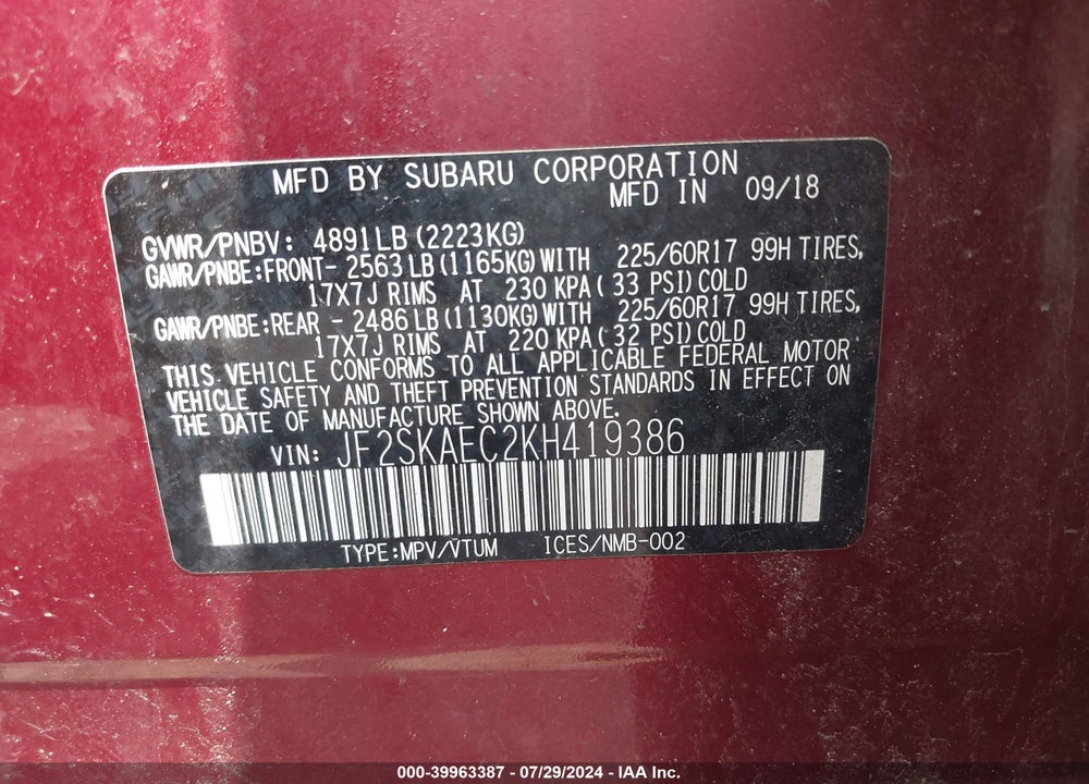 2019 SUBARU FORESTER PREMIUM VIN: JF2SKAEC2KH419386