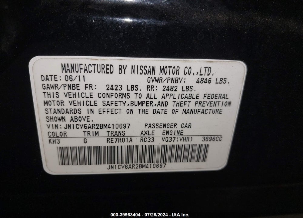 2011 INFINITI G37X VIN: JN1CV6AR2BM410697