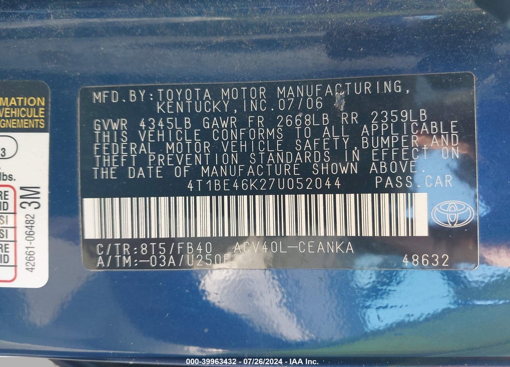 2007 TOYOTA CAMRY LE VIN: 4T1BE46K27U052044