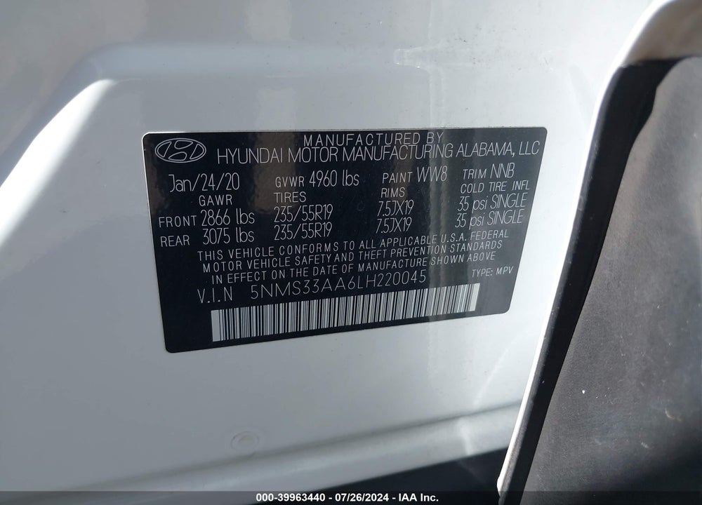 2020 HYUNDAI SANTA FE SEL 2.0T VIN: 5NMS33AA6LH220045