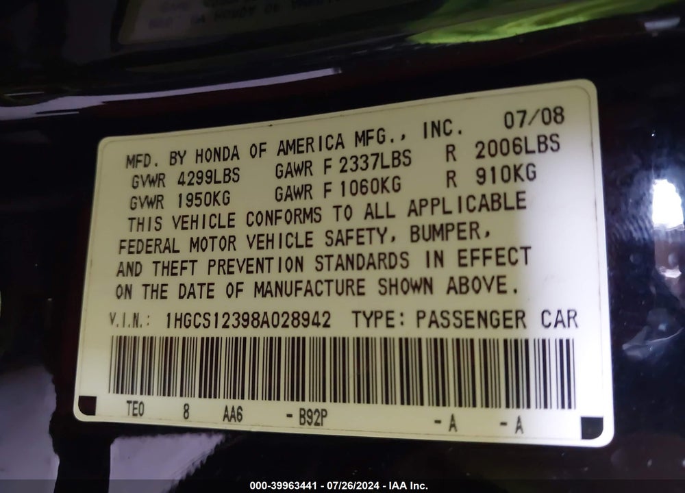 2008 HONDA ACCORD 2.4 LX-S VIN: 1HGCS12398A028942