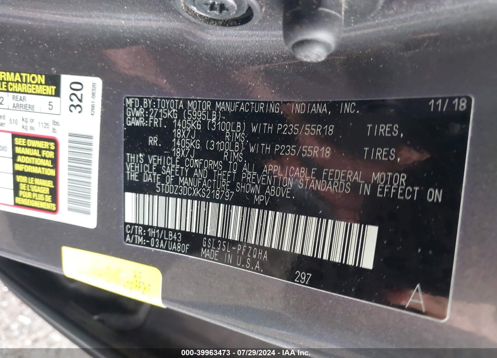 2019 TOYOTA SIENNA LIMITED 7 PASSENGER/LIMITED PREMIUM 7 PASSENGER/XLE/XLE PREMIUM 7 PASSENGER VIN: 5TDDZ3DCXKS218797