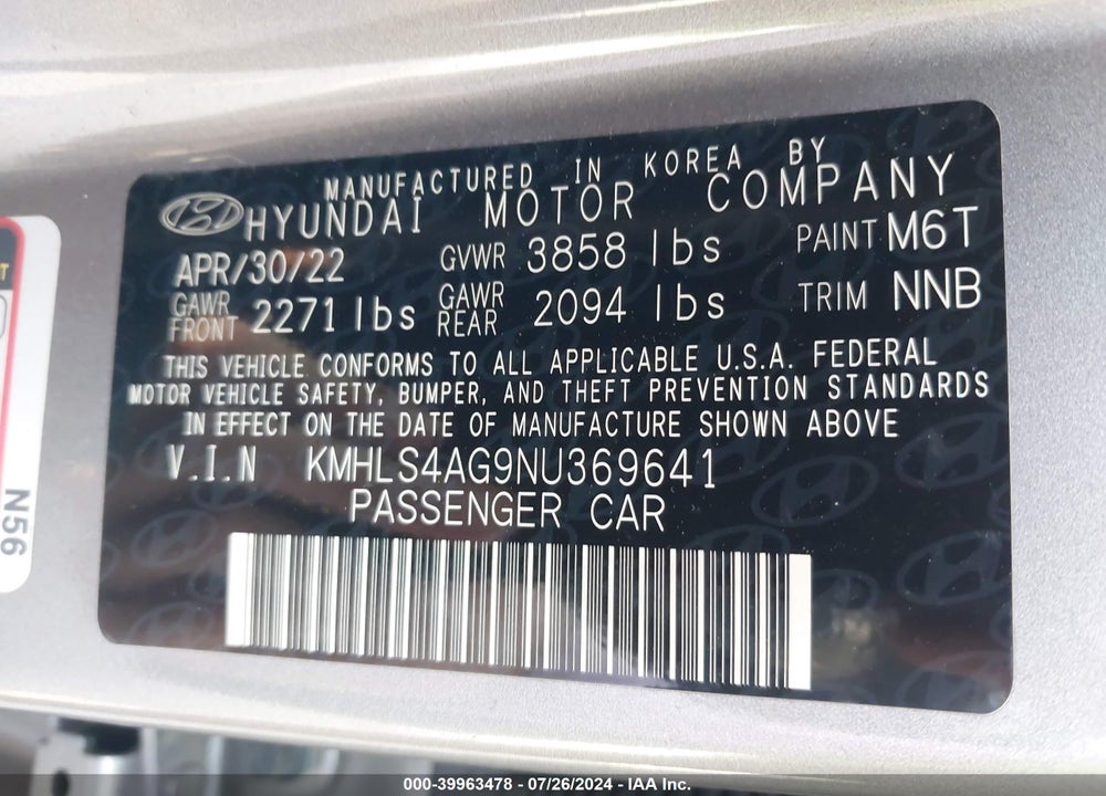 2022 HYUNDAI ELANTRA SEL VIN: KMHLS4AG9NU369641