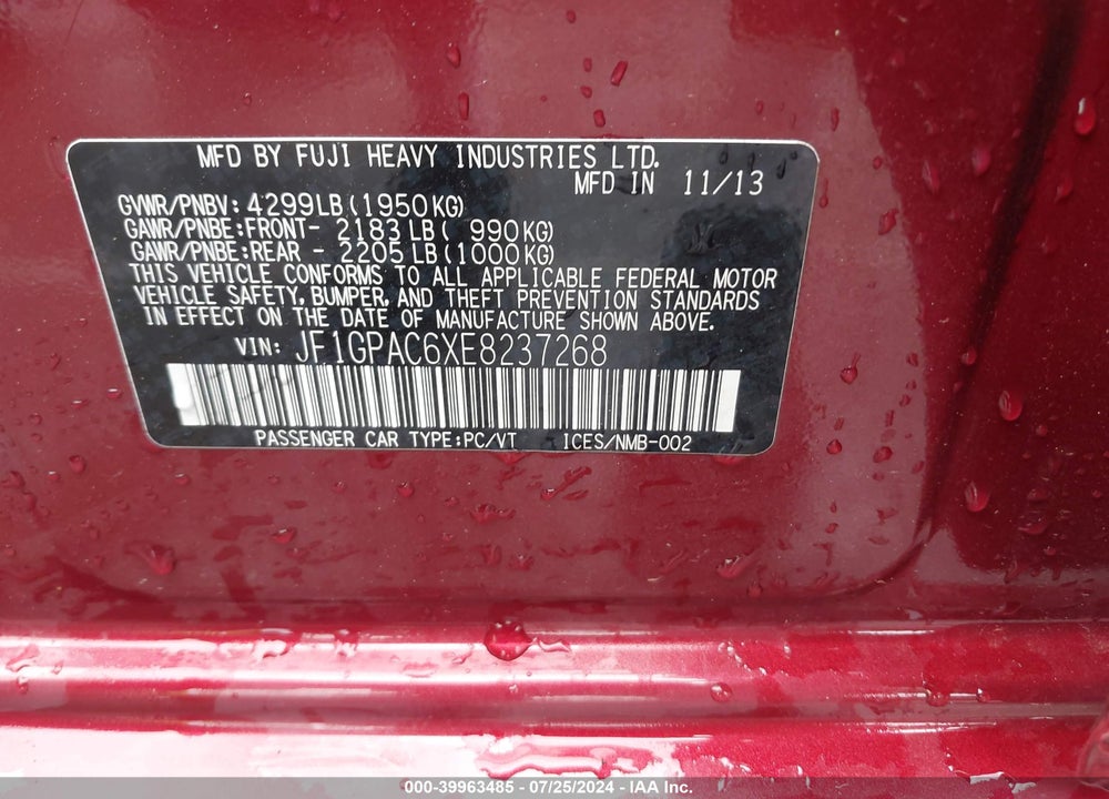 2014 SUBARU IMPREZA 2.0I PREMIUM VIN: JF1GPAC6XE8237268
