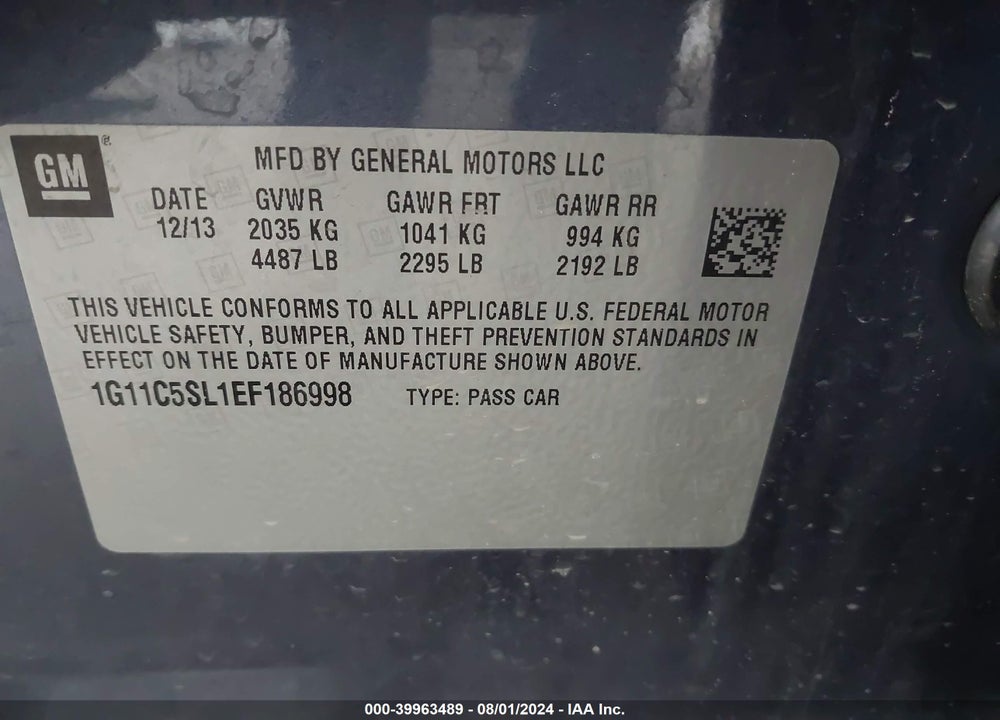 2014 CHEVROLET MALIBU 1LT VIN: 1G11C5SL1EF186998