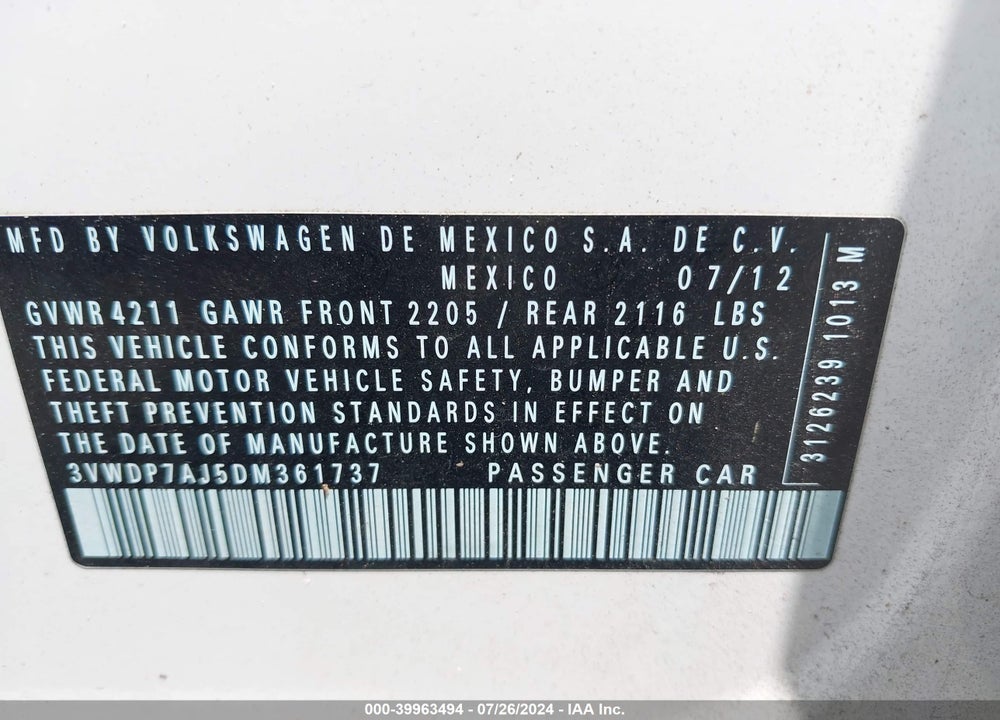 2013 VOLKSWAGEN JETTA 2.5L SE VIN: 3VWDP7AJ5DM361737