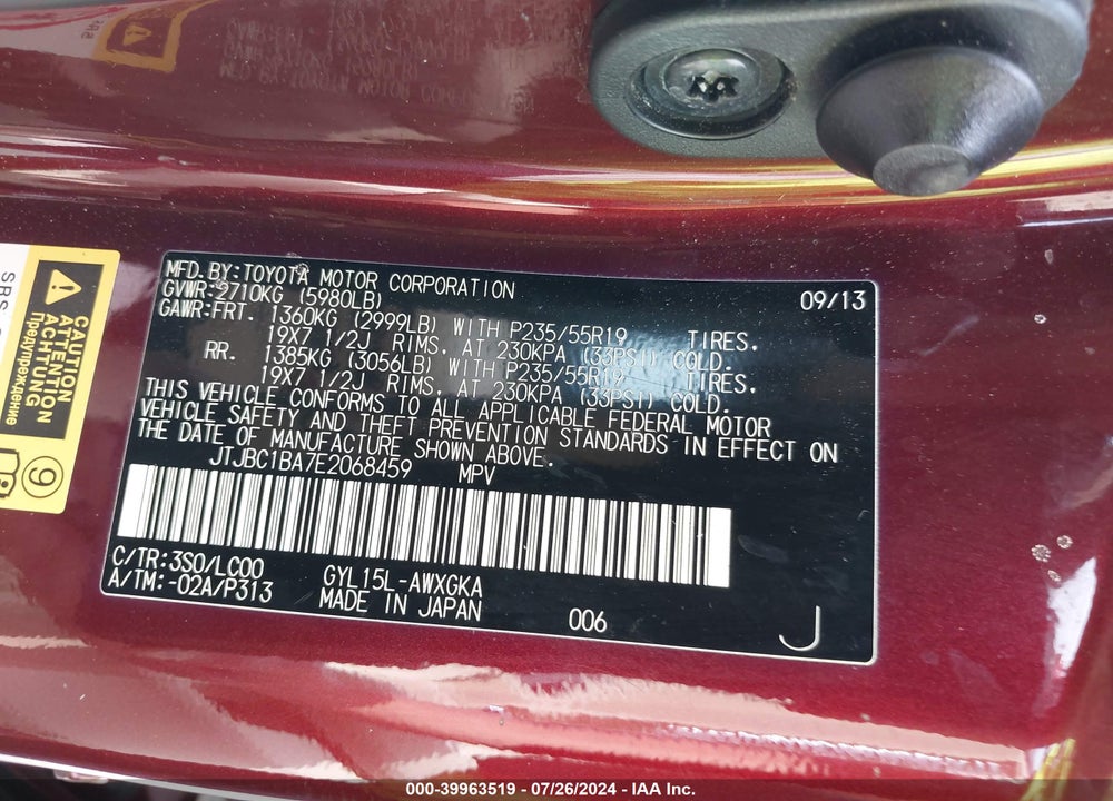2014 LEXUS RX 450H VIN: JTJBC1BA7E2068459