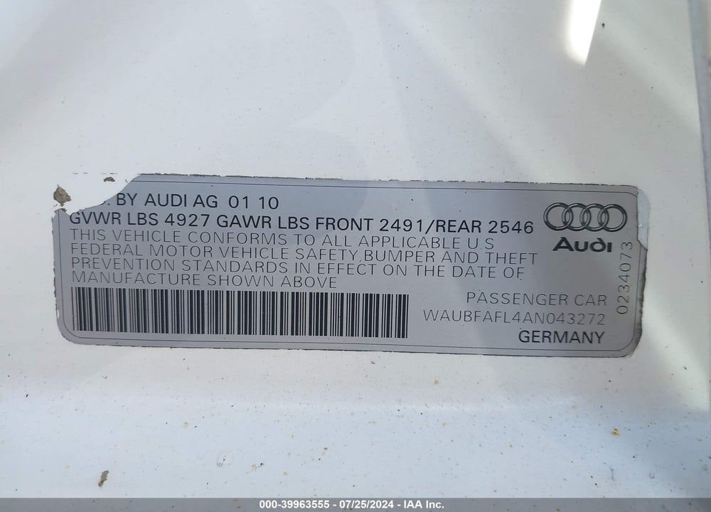 2010 AUDI A4 PREMIUM VIN: WAUBFAFL4AN043272