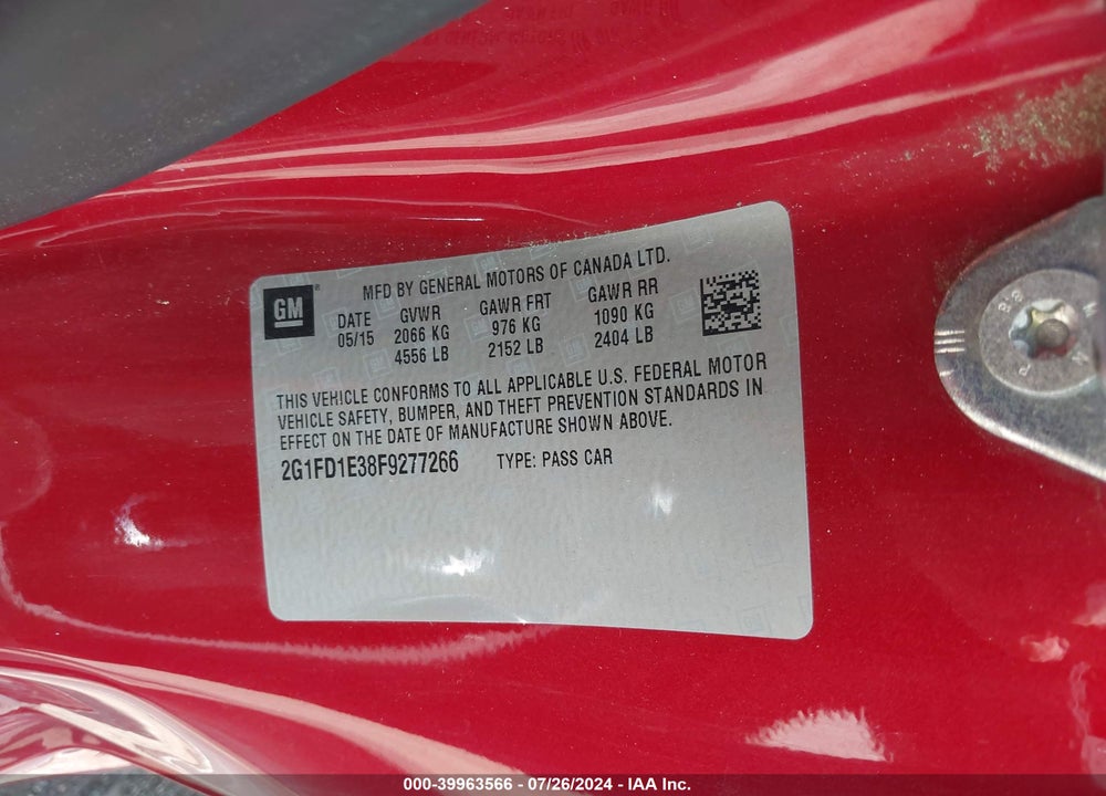 2015 CHEVROLET CAMARO 1LT VIN: 2G1FD1E38F9277266