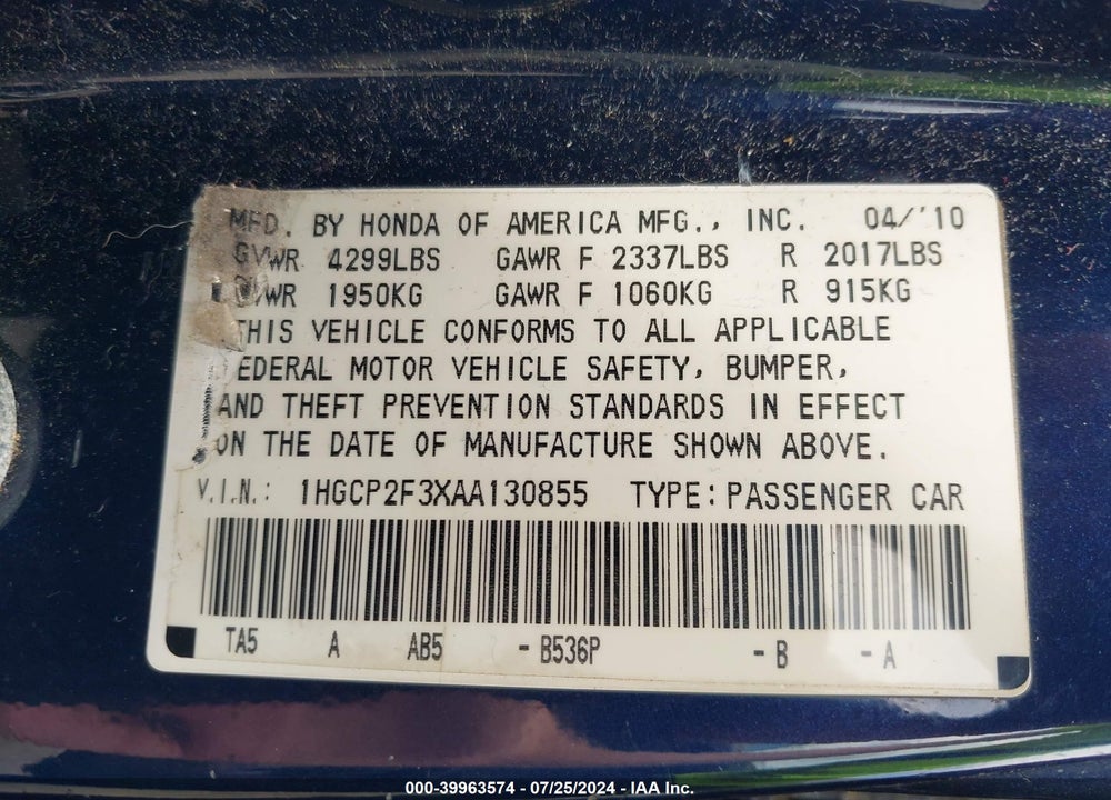 2010 HONDA ACCORD 2.4 LX VIN: 1HGCP2F3XAA130855