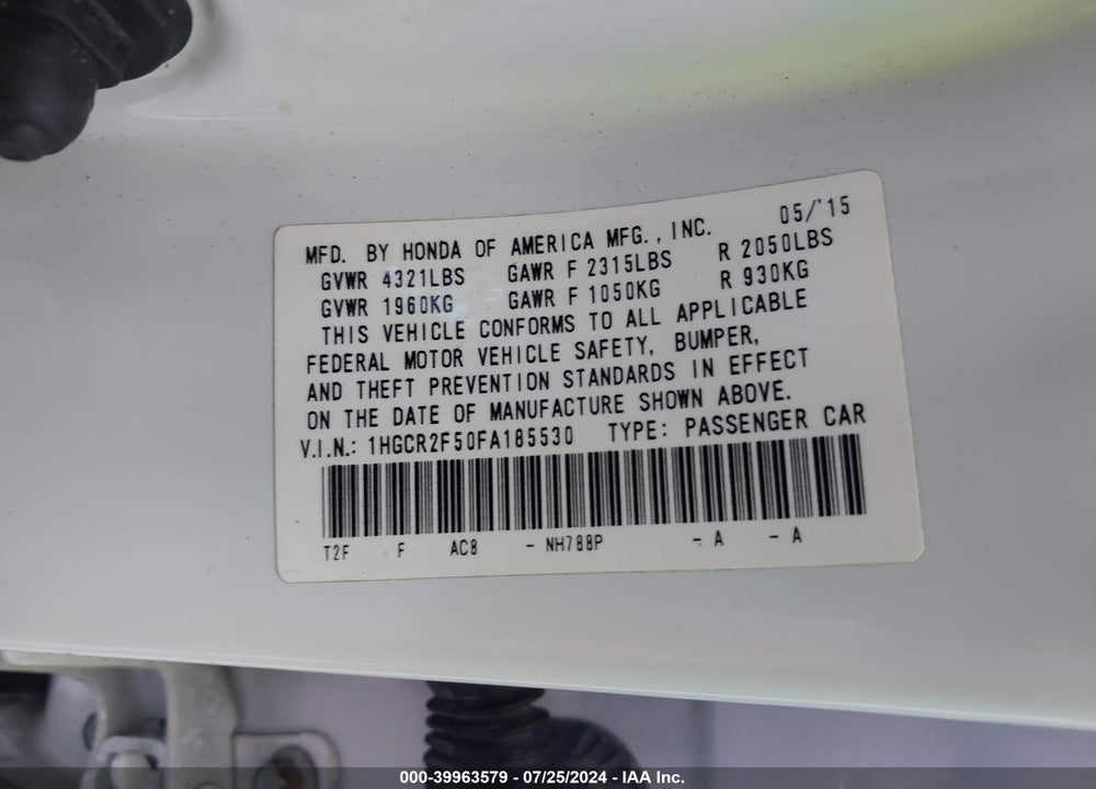 2015 HONDA ACCORD SPORT VIN: 1HGCR2F50FA185530