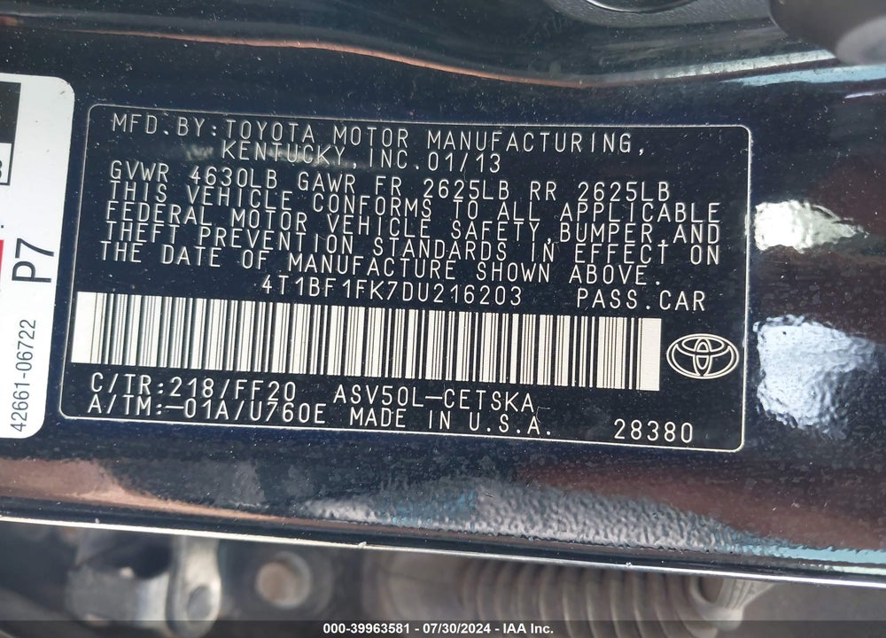 2013 TOYOTA CAMRY SE VIN: 4T1BF1FK7DU216203