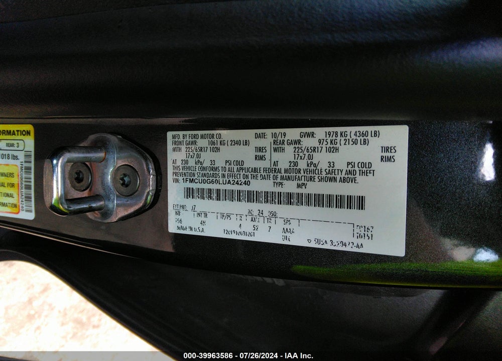 2020 FORD ESCAPE SE VIN: 1FMCU0G60LUA24240