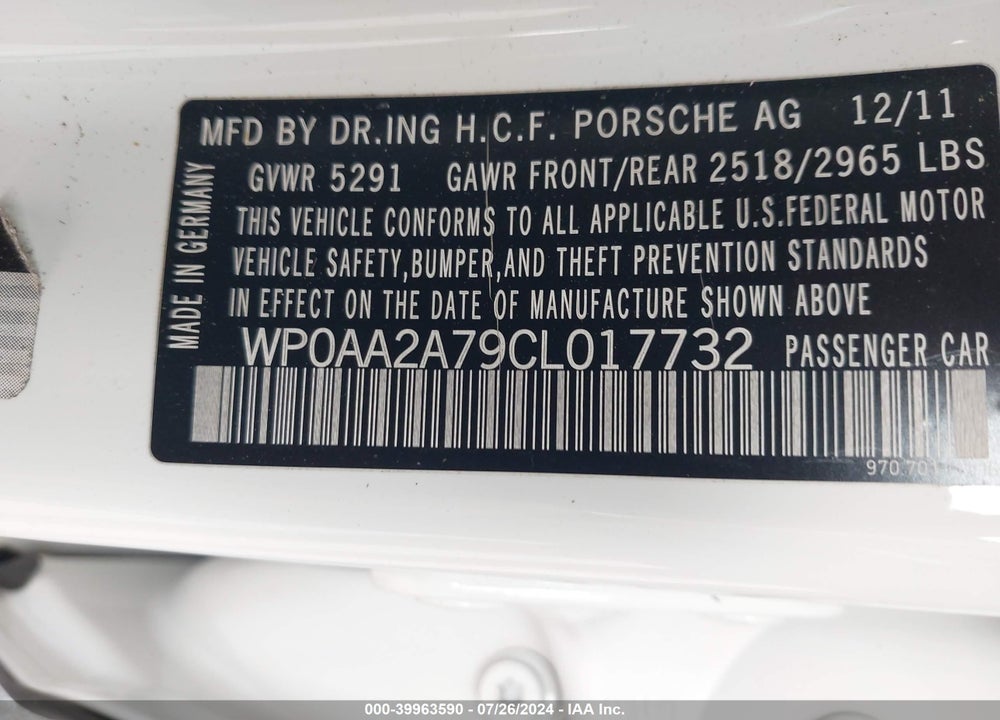 2012 PORSCHE PANAMERA 4 VIN: WP0AA2A79CL017732