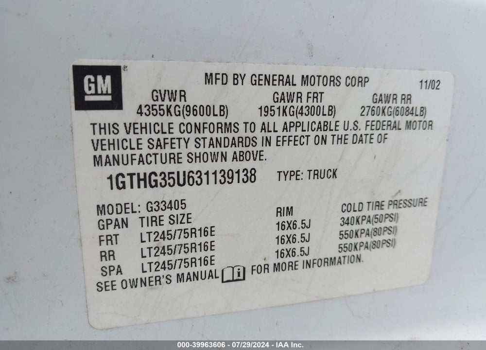2003 GMC SAVANA STANDARD VIN: 1GTHG35U631139138