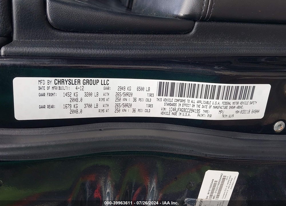 2012 JEEP GRAND CHEROKEE LAREDO VIN: 1C4RJFAG9CC294195