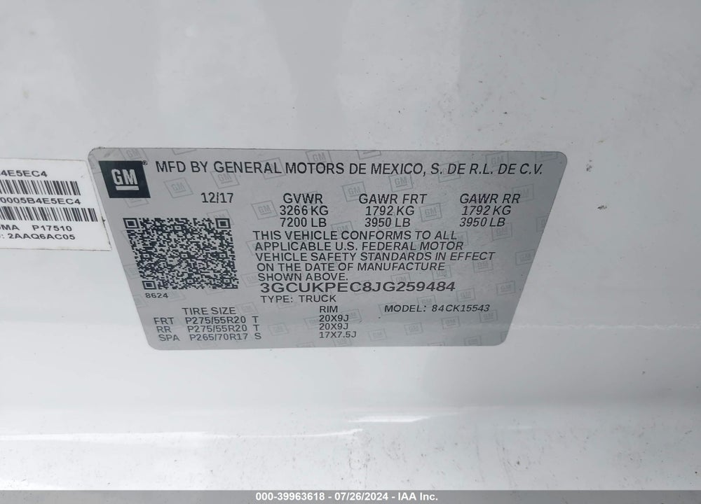 2018 CHEVROLET SILVERADO 1500 CUSTOM VIN: 3GCUKPEC8JG259484