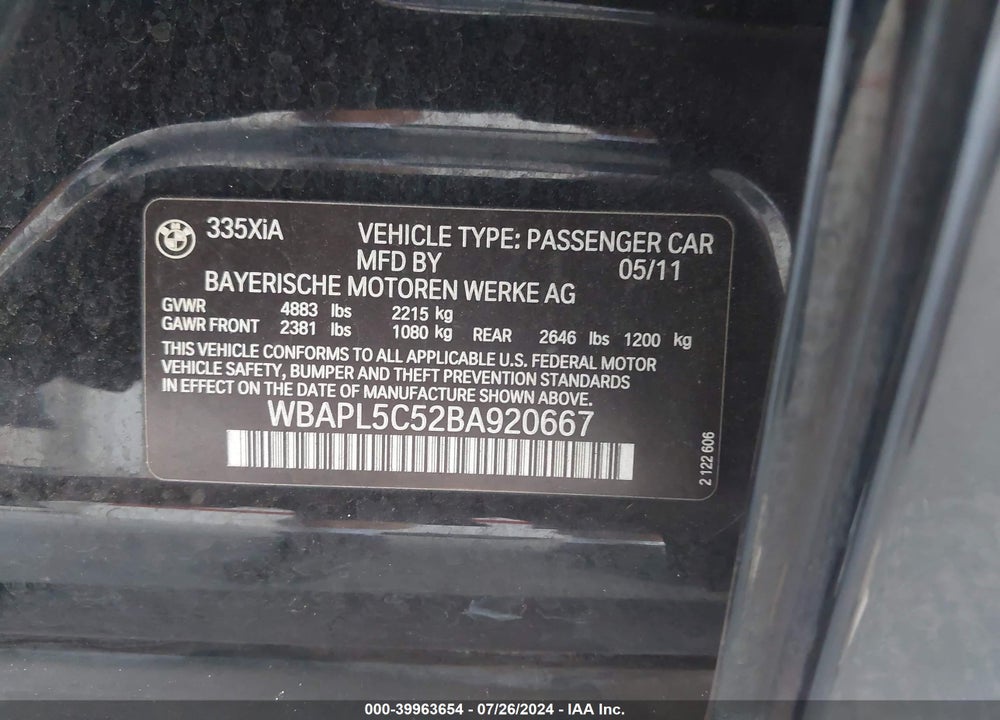 2011 BMW 335I XDRIVE VIN: WBAPL5C52BA920667