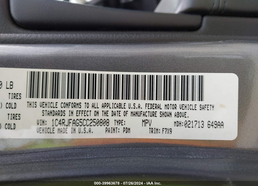 2012 JEEP GRAND CHEROKEE LAREDO VIN: 1C4RJFAG5CC250808