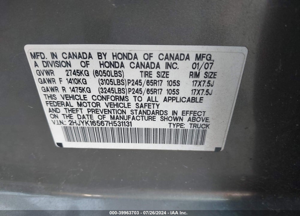 2007 HONDA RIDGELINE RTL VIN: 2HJYK16567H531131
