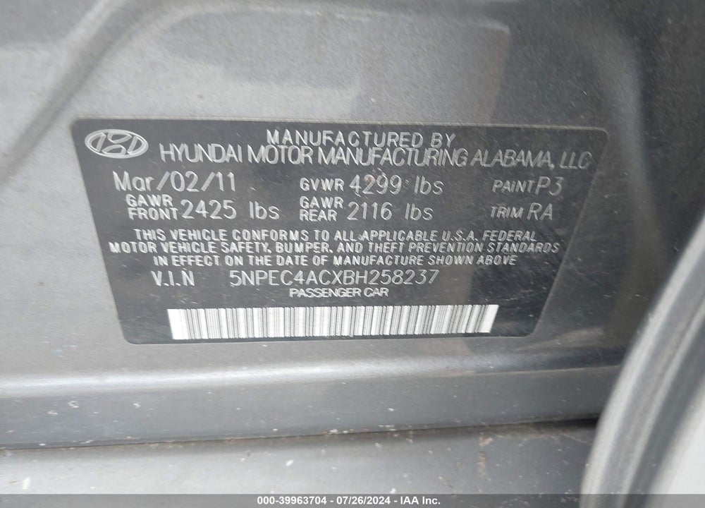 2011 HYUNDAI SONATA SE VIN: 5NPEC4ACXBH258237