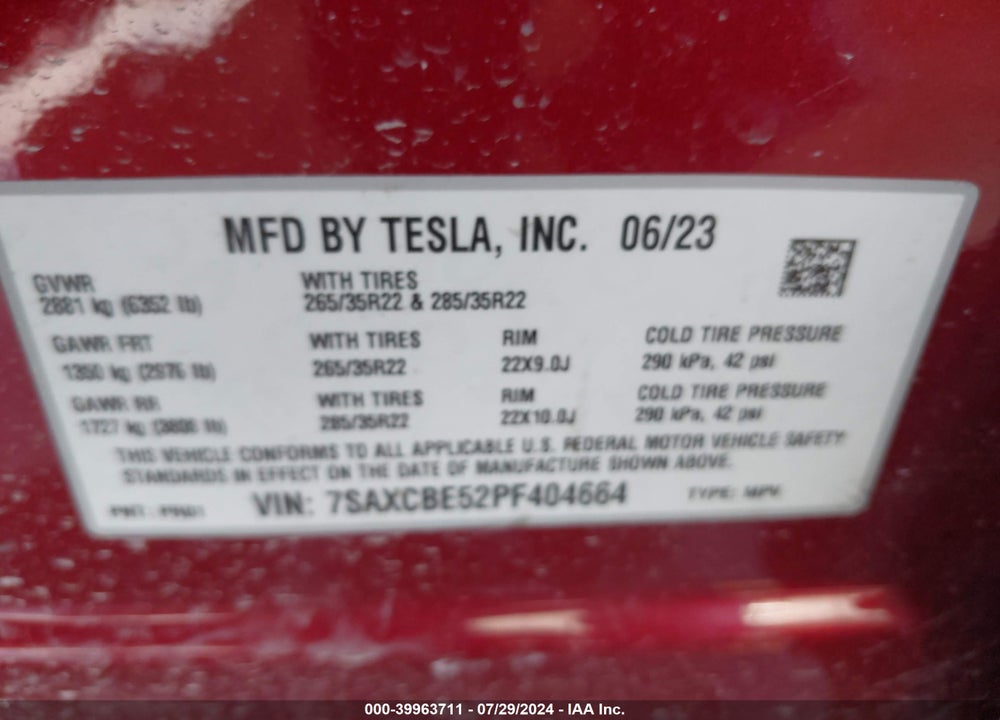 2023 TESLA MODEL X VIN: 7SAXCBE52PF404664
