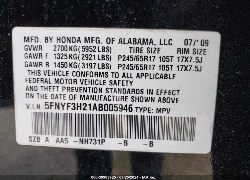 2010 HONDA PILOT LX VIN: 5FNYF3H21AB005946