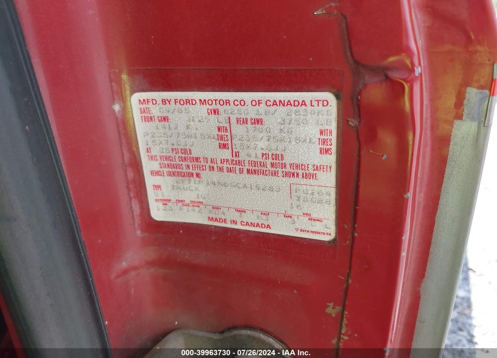 1986 FORD F150 VIN: 2FTEF14N6GCA19283