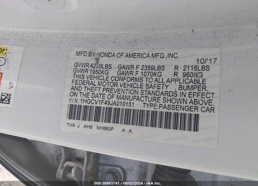 2018 HONDA ACCORD VIN: 1HGCV1F49JA010151