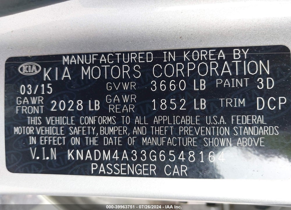 2016 KIA RIO LX VIN: KNADM4A33G6548164