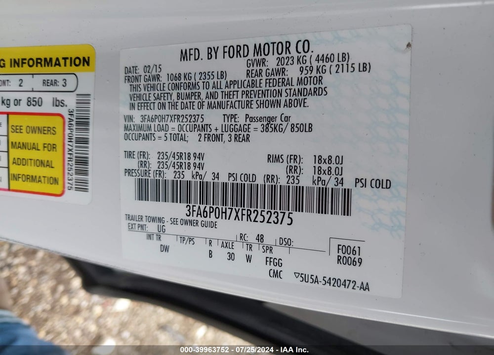 2015 FORD FUSION SE VIN: 3FA6P0H7XFR252375