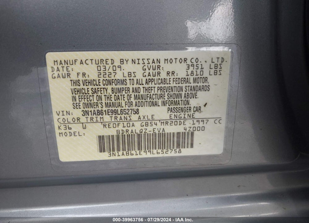 2009 NISSAN SENTRA 2.0 VIN: 3N1AB61E99L652758