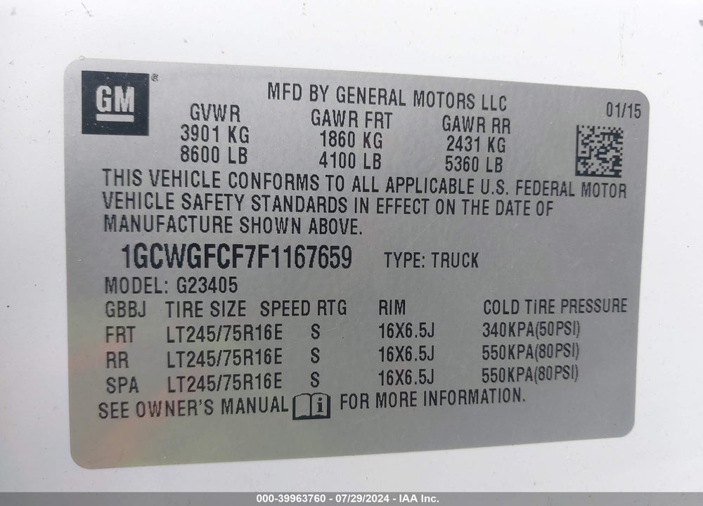 2015 CHEVROLET EXPRESS 2500 WORK VAN VIN: 1GCWGFCF7F1167659
