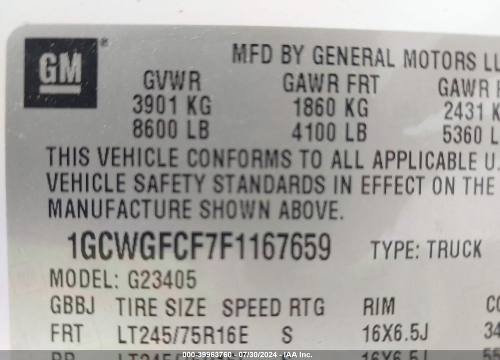 2015 CHEVROLET EXPRESS 2500 WORK VAN VIN: 1GCWGFCF7F1167659