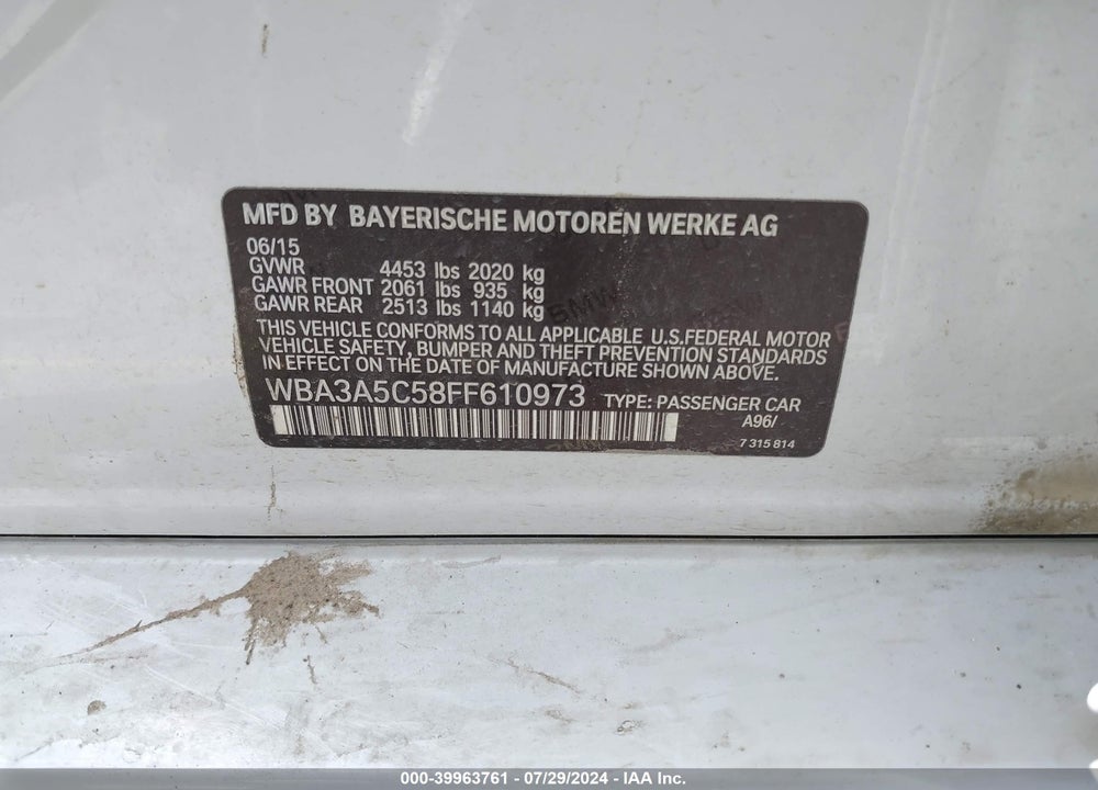 2015 BMW 328I VIN: WBA3A5C58FF610973