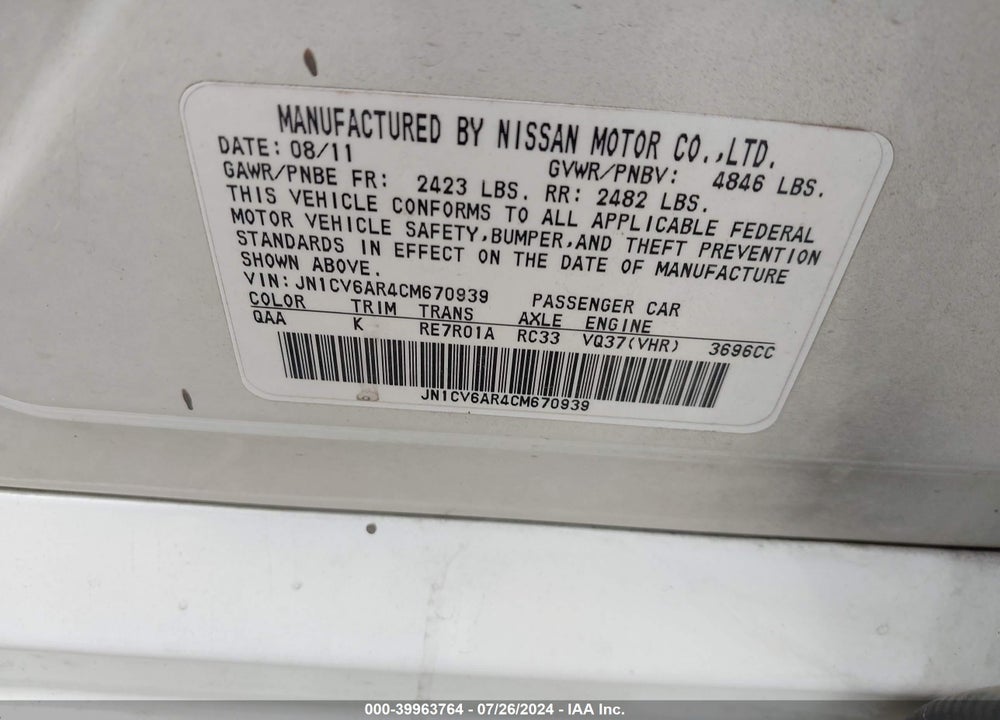 2012 INFINITI G37X VIN: JN1CV6AR4CM670939