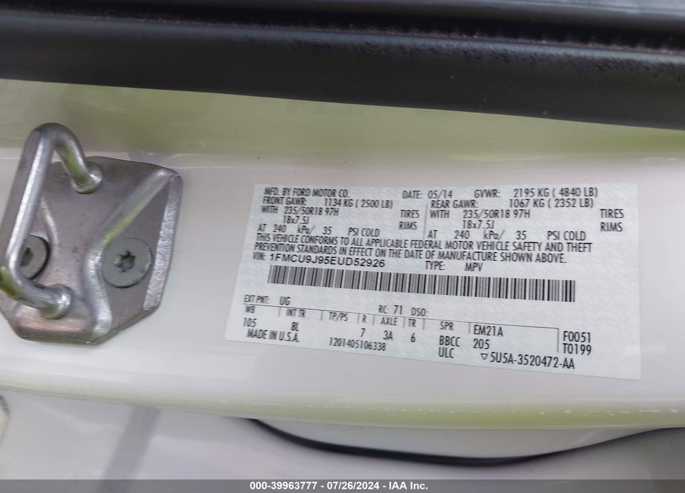 2014 FORD ESCAPE TITANIUM VIN: 1FMCU9J95EUD52926