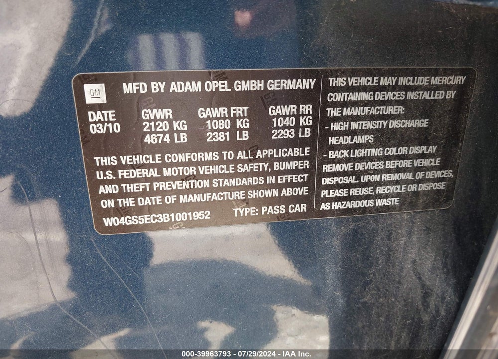 2011 BUICK REGAL CXL RUSSELSHEIM VIN: W04GS5EC3B1001952