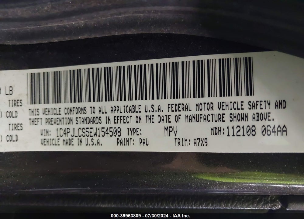 2014 JEEP CHEROKEE LATITUDE VIN: 1C4PJLCS5EW154508