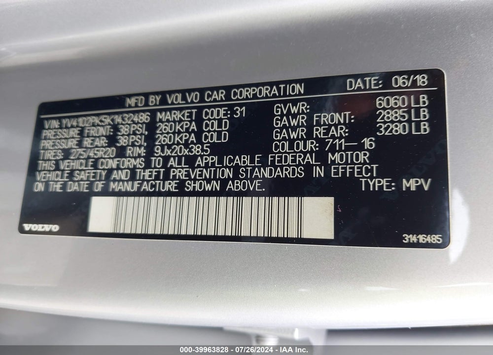 2019 VOLVO XC90 T5 MOMENTUM VIN: YV4102PK5K1432486