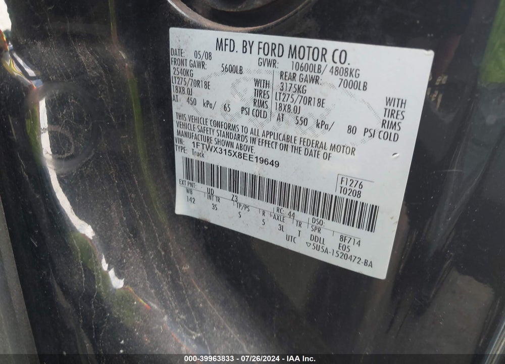 2008 FORD F-350 FX4/LARIAT/XL/XLT VIN: 1FTWX315X8EE19649