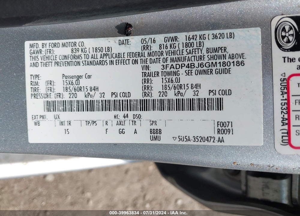 2016 FORD FIESTA SE VIN: 3FADP4BJ6GM180186