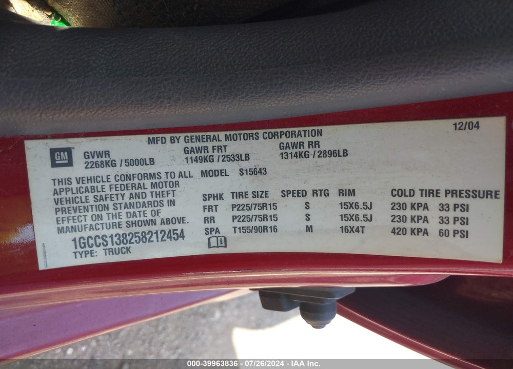 2005 CHEVROLET COLORADO LS VIN: 1GCCS138258212454