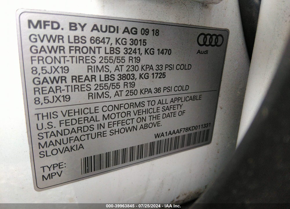 2019 AUDI Q7 55 PREMIUM/55 SE PREMIUM VIN: WA1AAAF78KD011331