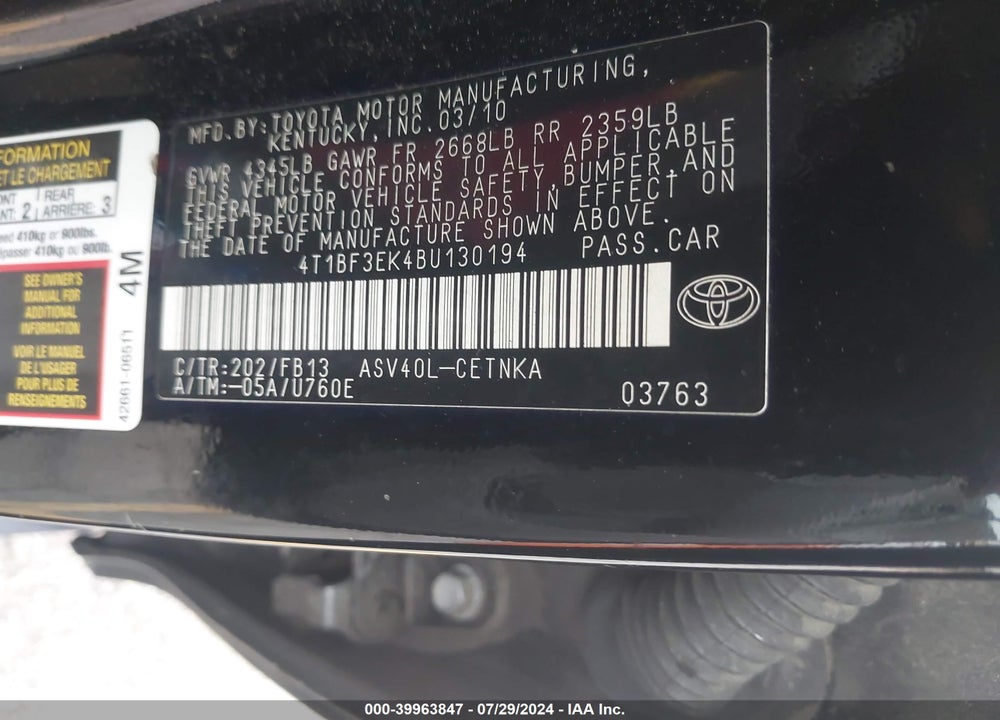 2011 TOYOTA CAMRY LE VIN: 4T1BF3EK4BU130194