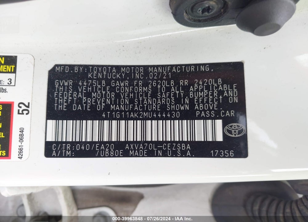2021 TOYOTA CAMRY SE VIN: 4T1G11AK2MU444430