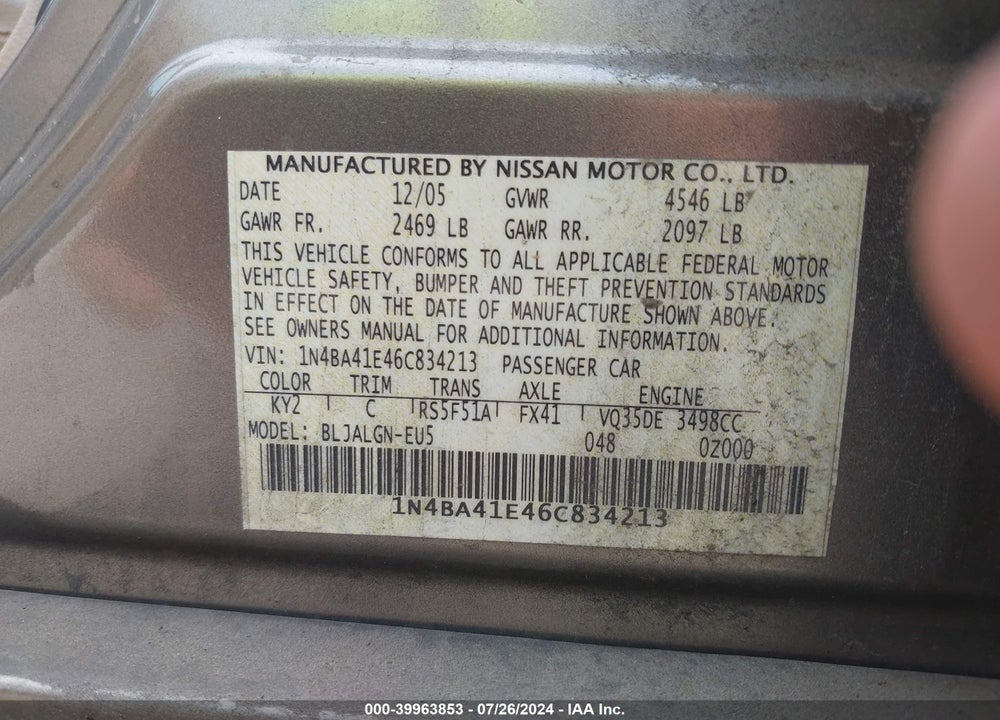 2006 NISSAN MAXIMA 3.5 SL VIN: 1N4BA41E46C834213